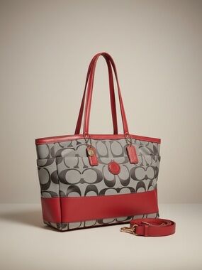 Coach Signature Tote Bag Coral Red Leather Trim Crossbody Strap F10202